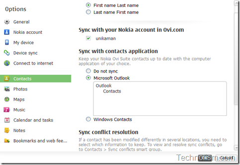 Contacts sync option in nokia ovi suite