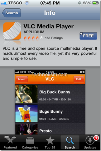 VLC Media player app available on iTunes
