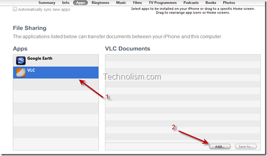 File Sharing Section Select VLC and Add