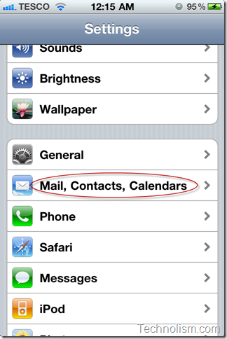 iPhone settings, mail, contacts, calendars