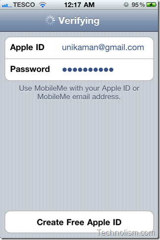 Enter Apple ID to verify MobileMe service