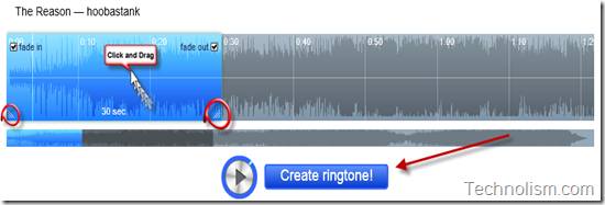 Select the part of song to be set as Ringtone in Audiko.net