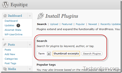 Install the Thumbnail for Excerpts Plugin in WordPress Dashboard