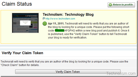 Verify Claim Token in blog post - Technorati