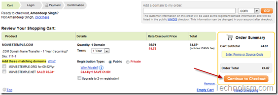 Transfer domain to Godaddy - Checkout