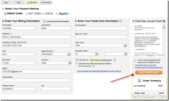 Transfer domain to Godaddy - Place Order