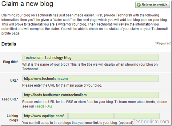 Add Blog Details on Technorati