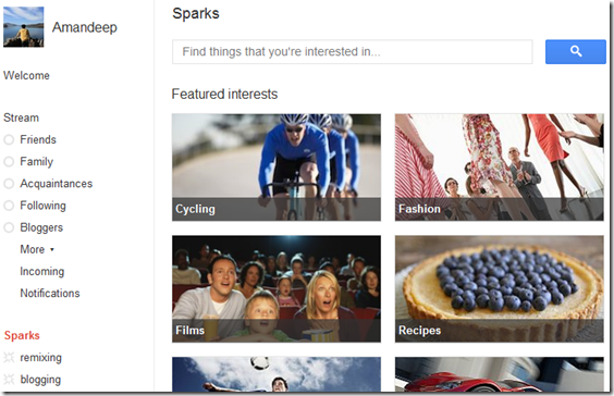 Google Plus Sparks - Add your Interest