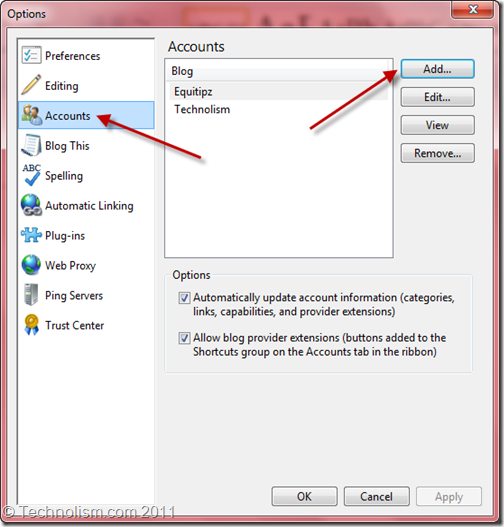 Add a Blog to Windows Live Writer 2011