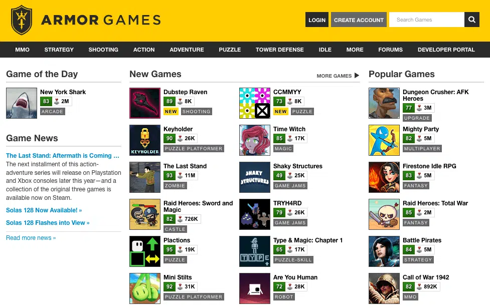 Armor Games online flash games website landing page