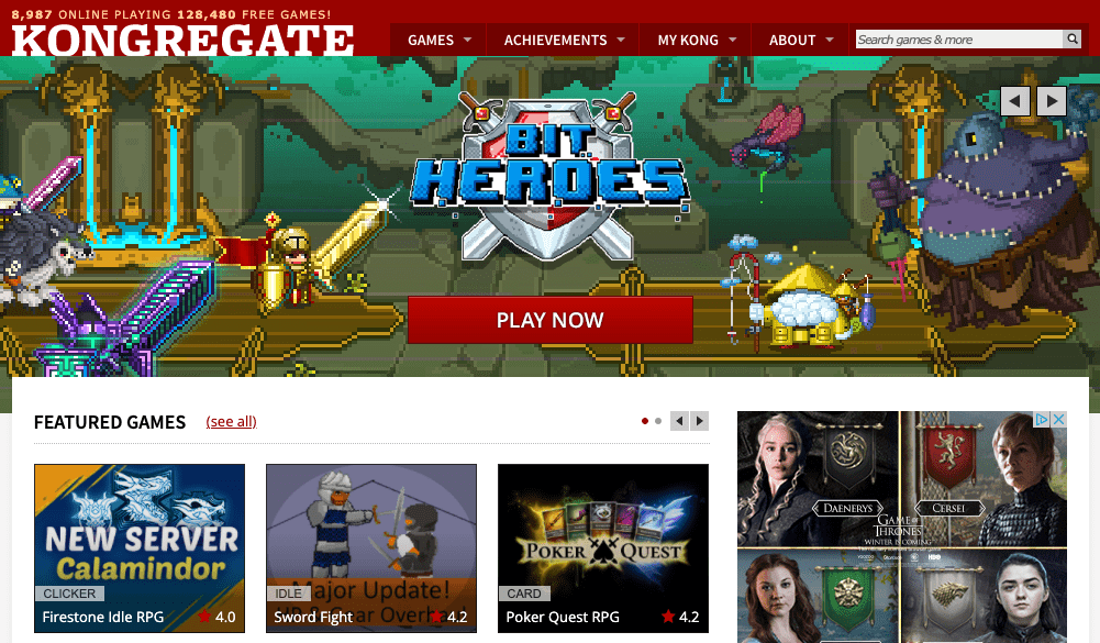 Kongregate online games website homepage