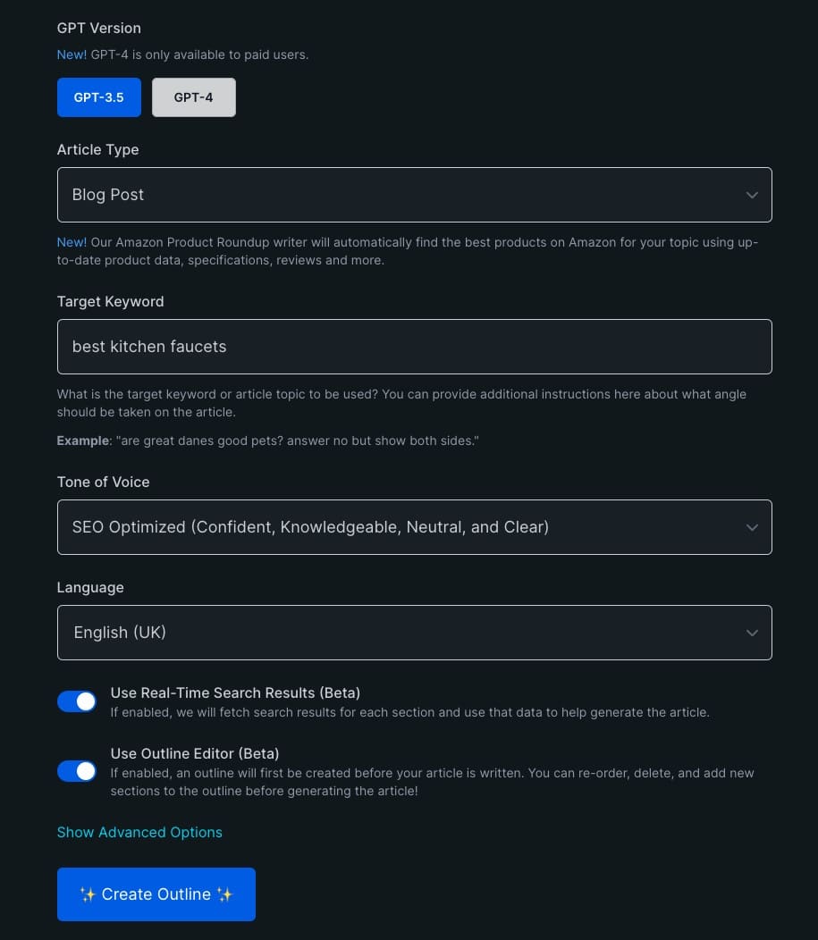 KoalaWriter AI Prompt Settings Screen